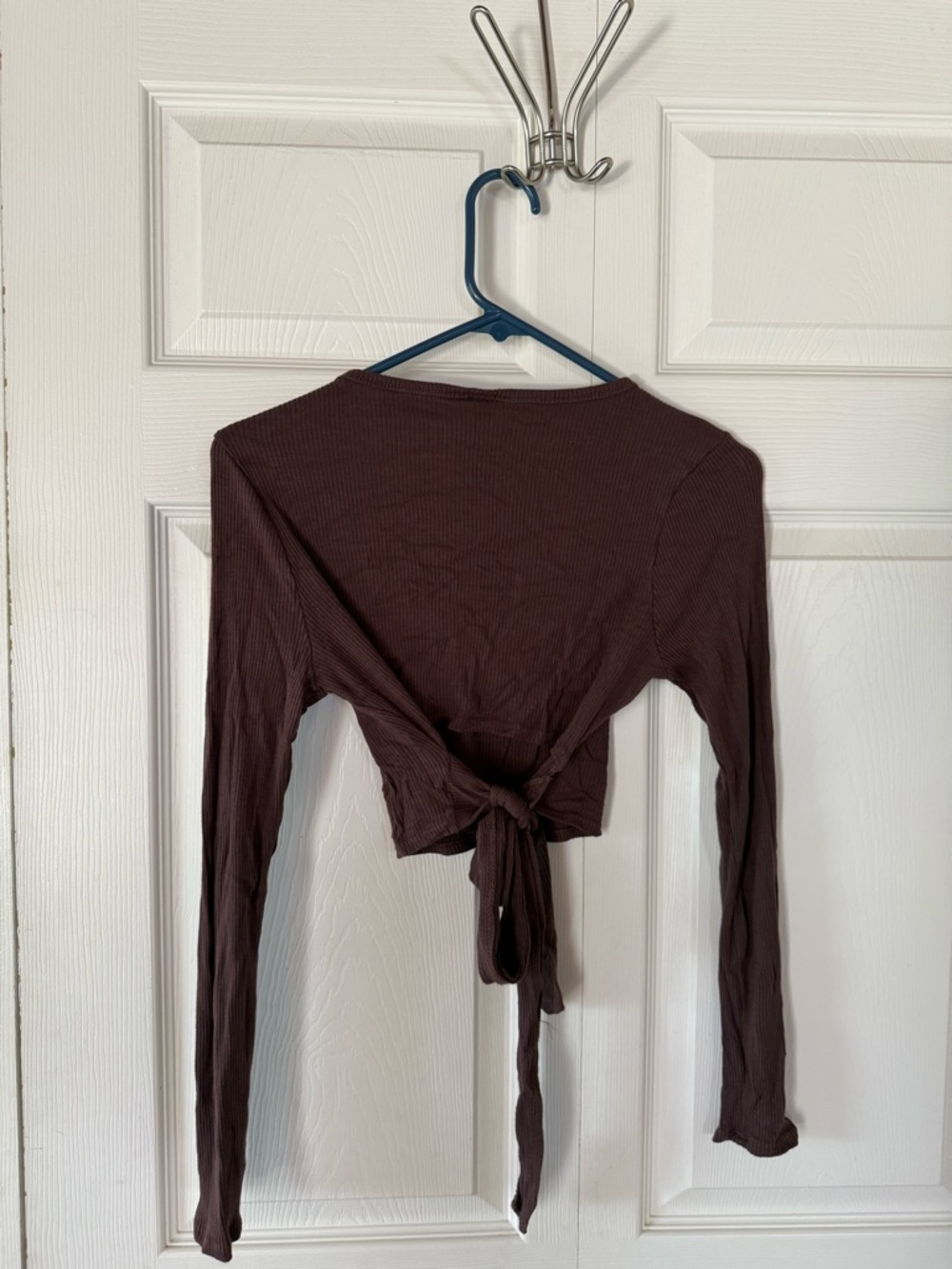 Windsor Brown Ribbed Long Sleeve Tie-Back Crop Top